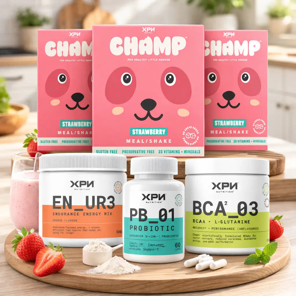 CHAMP Junior Kids Combo by XPN Nutrition featuring colorful supplement bottles for children's nutrition and health.