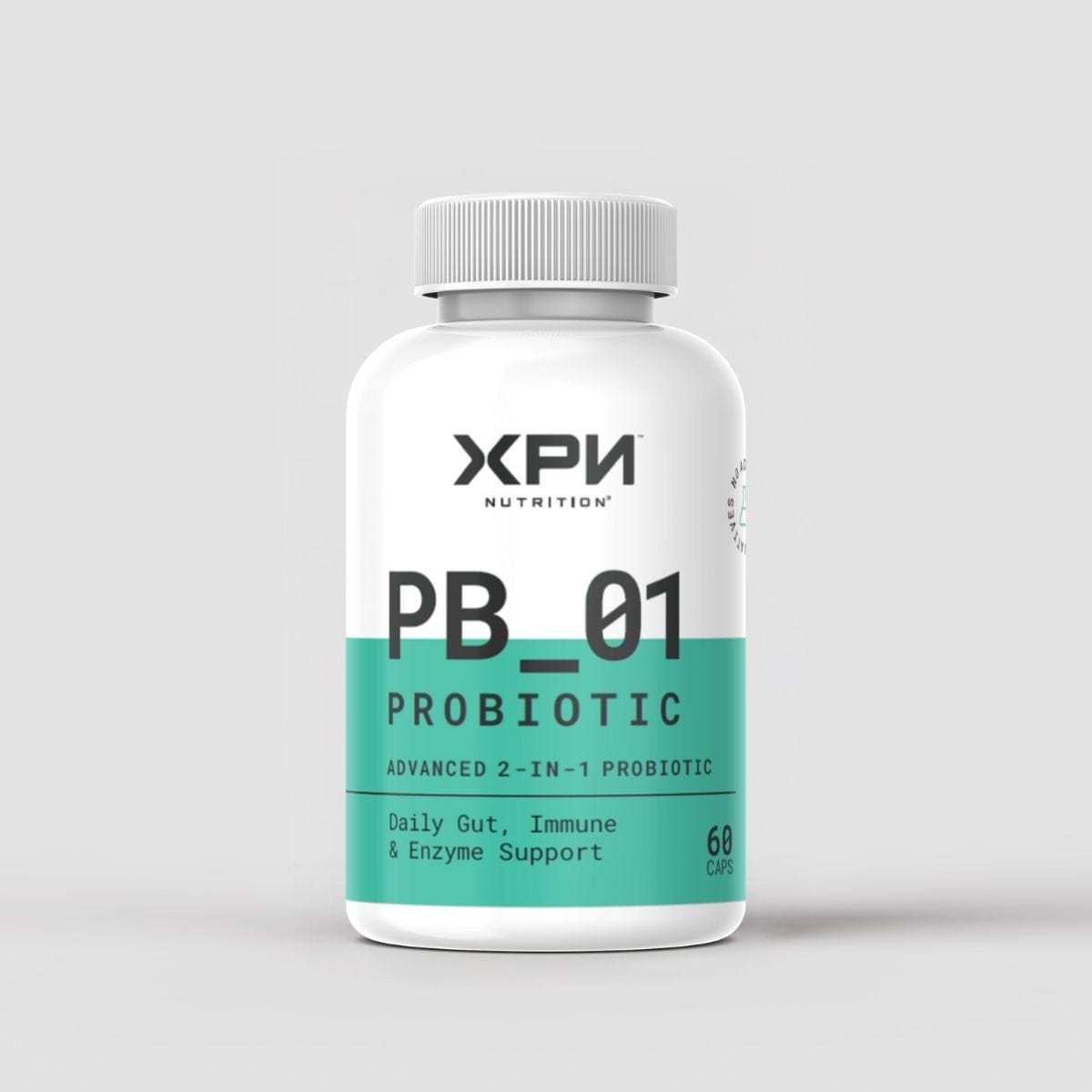XPN Nutrition PB_01 Probiotic bottle with 60 capsules, daily health and wellness supplement for digestive support.