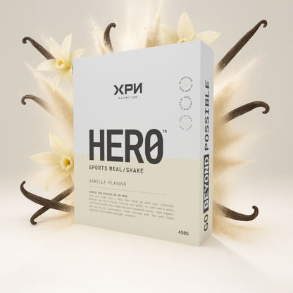 Hero XPN Nutrition cereal and meal replacement shake in 450g container, showing the product packaging and label.