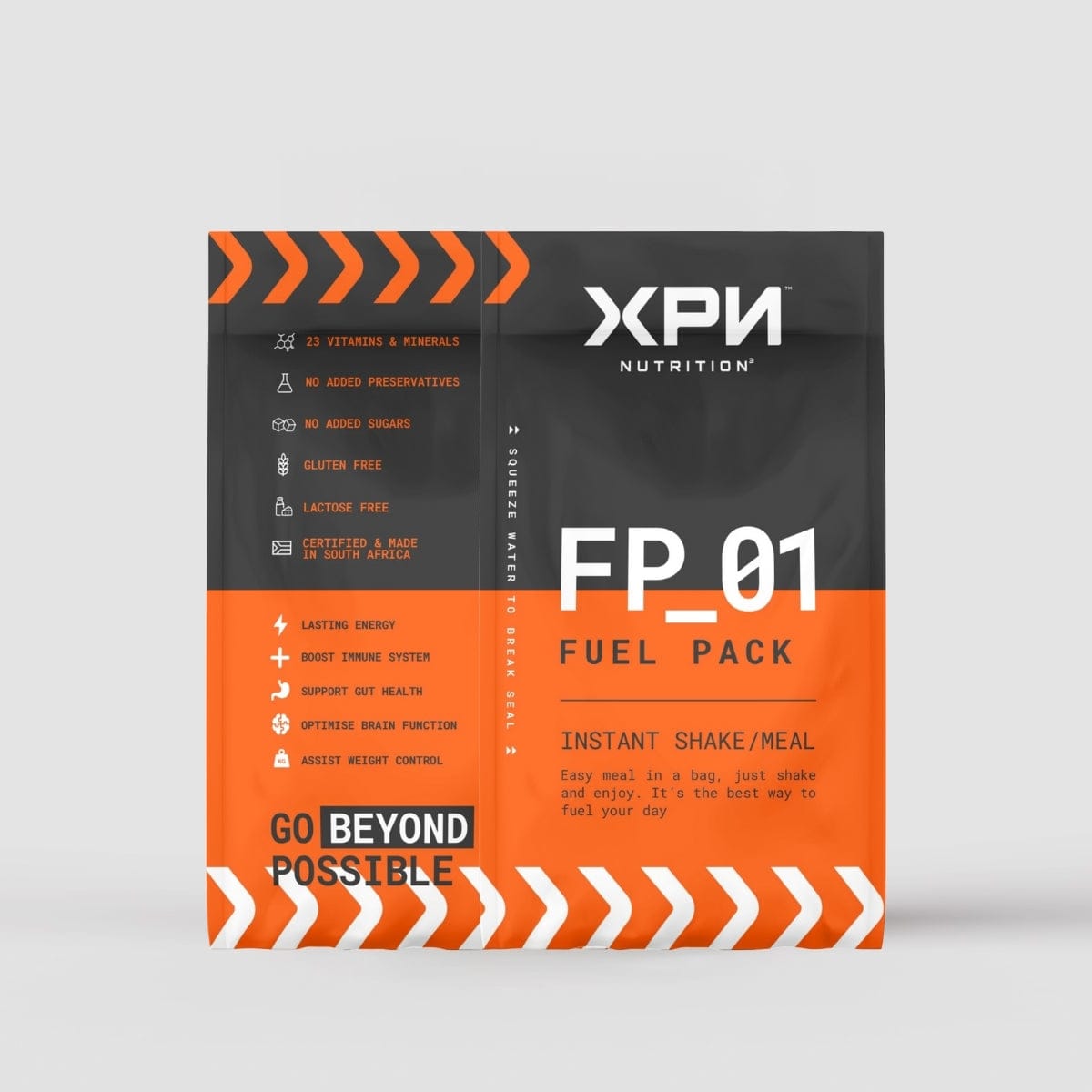 XPN Nutrition FP-01 Fuel Pack meal replacement shakes in a box of 35, featuring ready-to-drink meal replacement bottles.