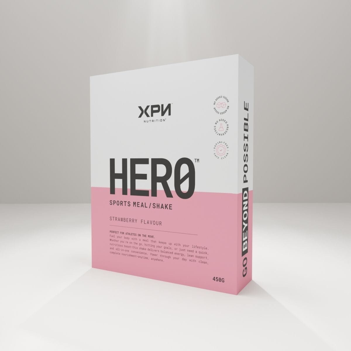Hero Cereal and Meal Replacement Shake by XPN Nutrition in 450g container, showing the product box with branding and label.
