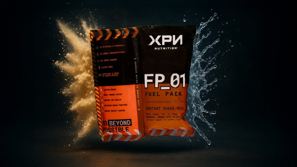 Box of 35 XPN Nutrition FP-01 Fuel Pack meal replacement shakes with individual sachets for quick, nutritious snacks or meals.