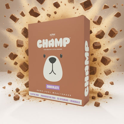 XPN Nutrition CHAMP kids cereal and meal replacement shake in 450g container, showing the product packaging and branding.