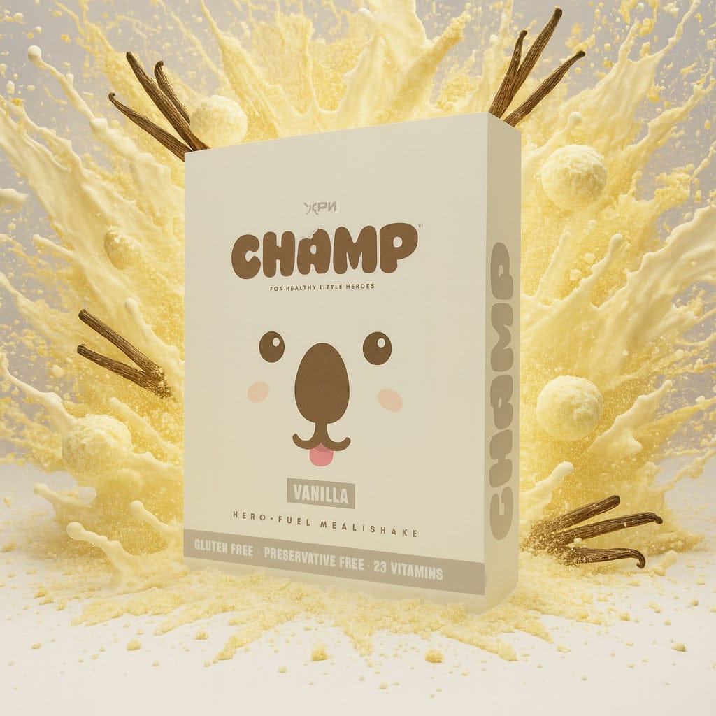 XPN Nutrition CHAMP kids cereal and meal replacement shakes in vanilla flavor, shown in six 2.7kg boxes.