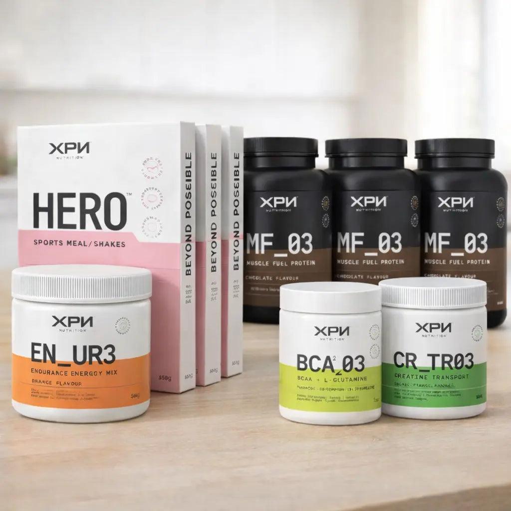 XPN Nutrition Endure+ Long-Distance Athlete Combo with sports nutrition supplements and energy gels for endurance training.