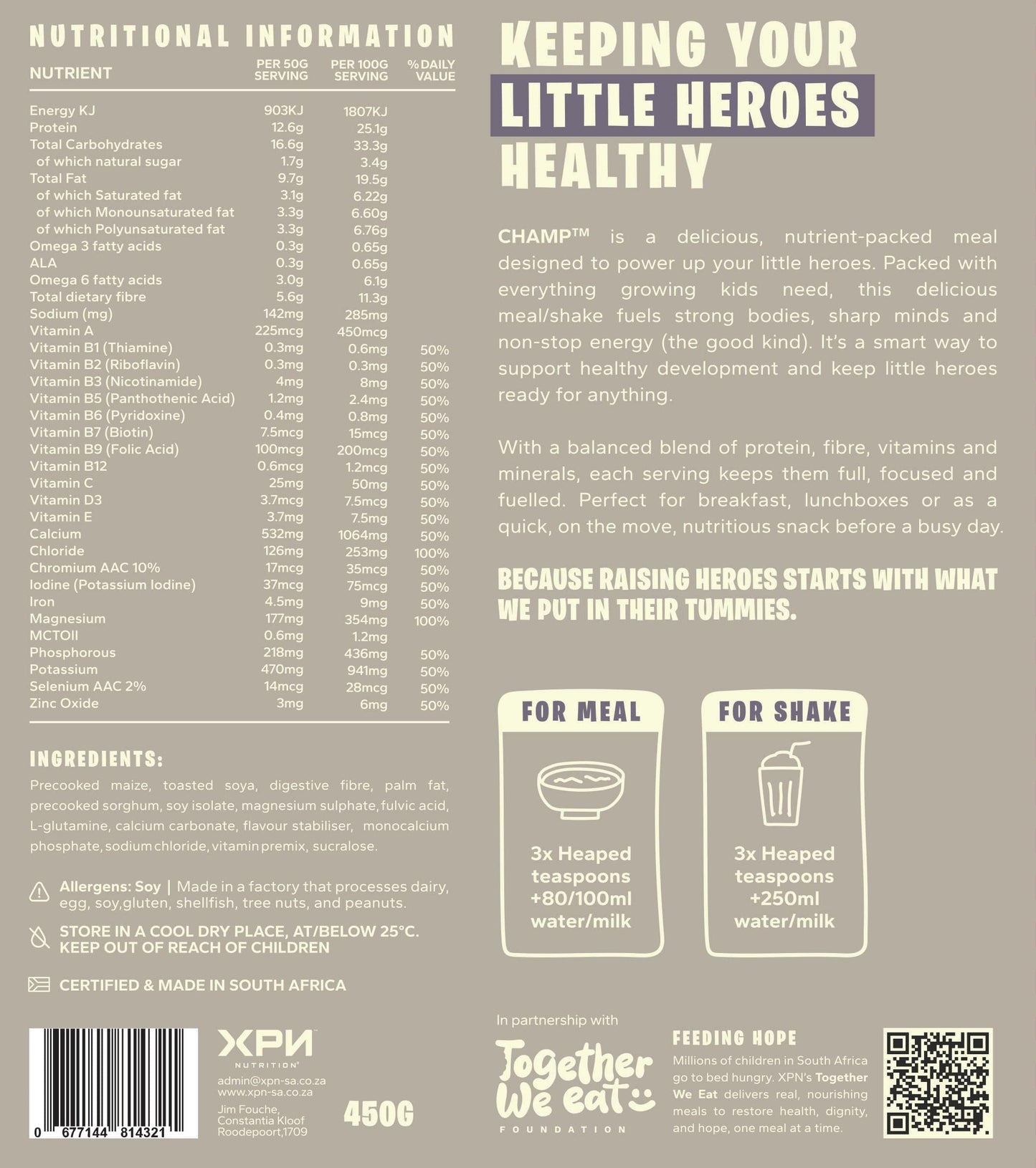 XPN Nutrition CHAMP kids cereal and meal replacement combo boxes with nutritional information on the packaging.