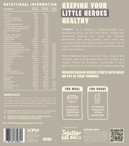 XPN Nutrition CHAMP kids cereal and meal replacement combo boxes with nutritional information on the packaging.