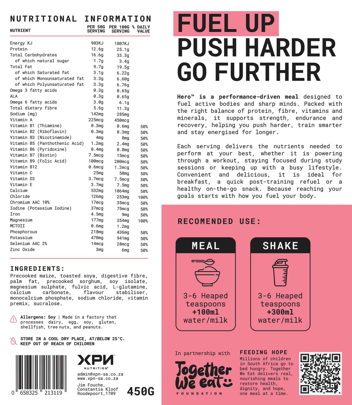 XPN Nutrition Hero cereal and meal replacement shake in 450g container, showing the product packaging and label.