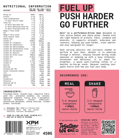 XPN Nutrition Hero cereal and meal replacement shake in 450g container, showing the product packaging and label.
