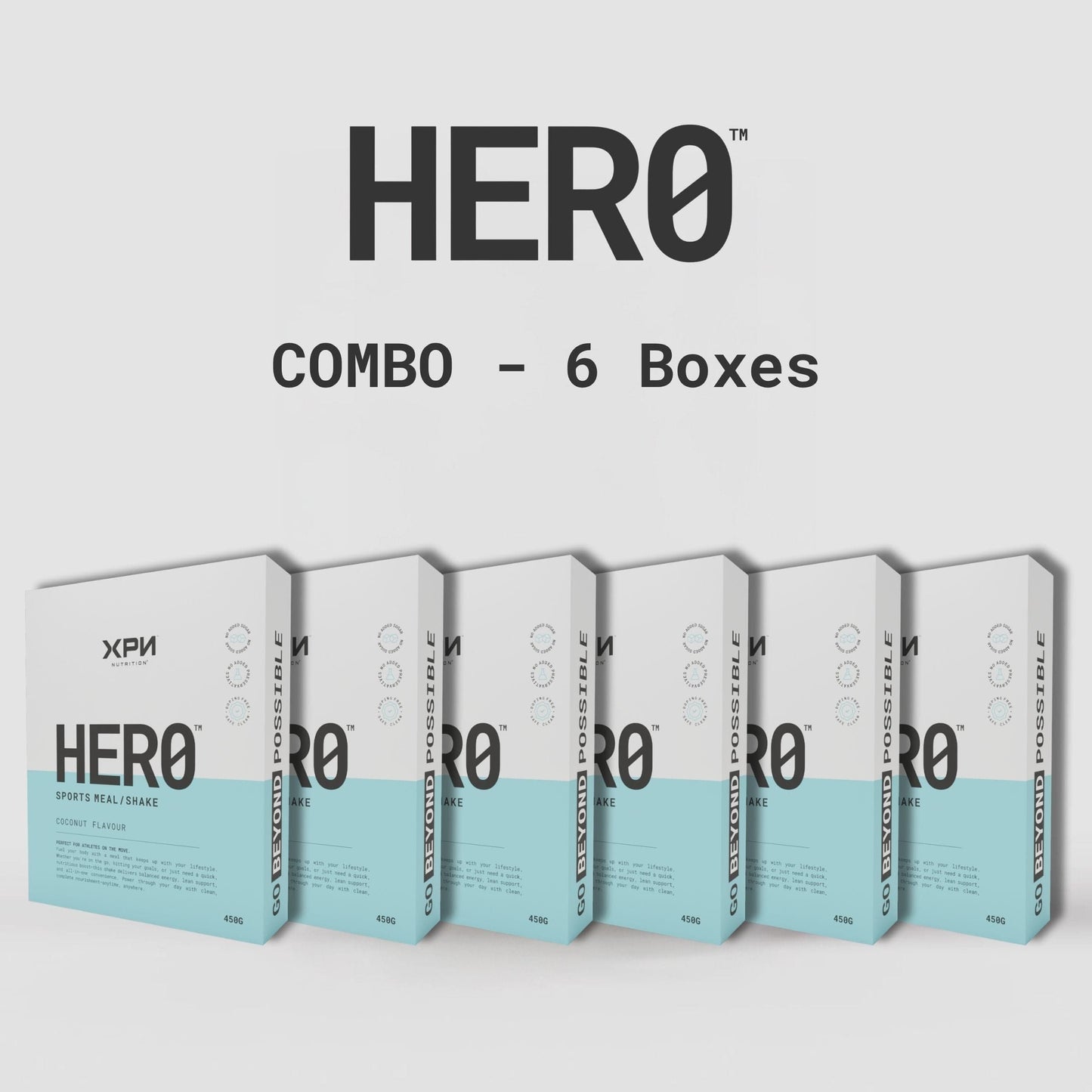 Hero Cereal and Meal Replacement Shake Combo by XPN Nutrition, 2.7kg (6 boxes), featuring colorful packaging and product boxes.