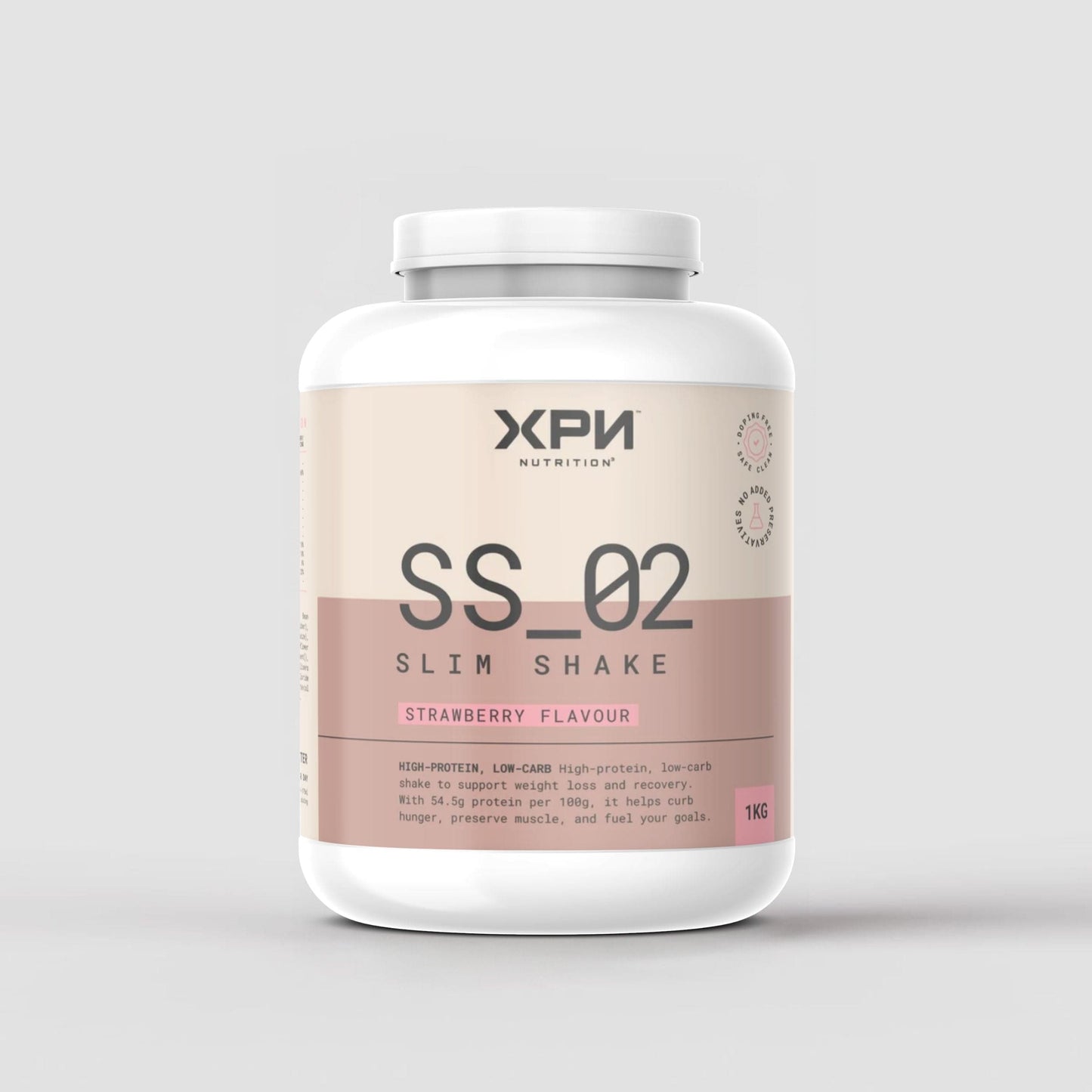 XPN Nutrition Slim Shake weight management supplement in strawberry flavor, featuring a sleek container with a scoop of strawberry-flavored powder.