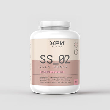 XPN Nutrition Slim Shake weight management supplement in strawberry flavor, featuring a sleek container with a scoop of strawberry-flavored powder.