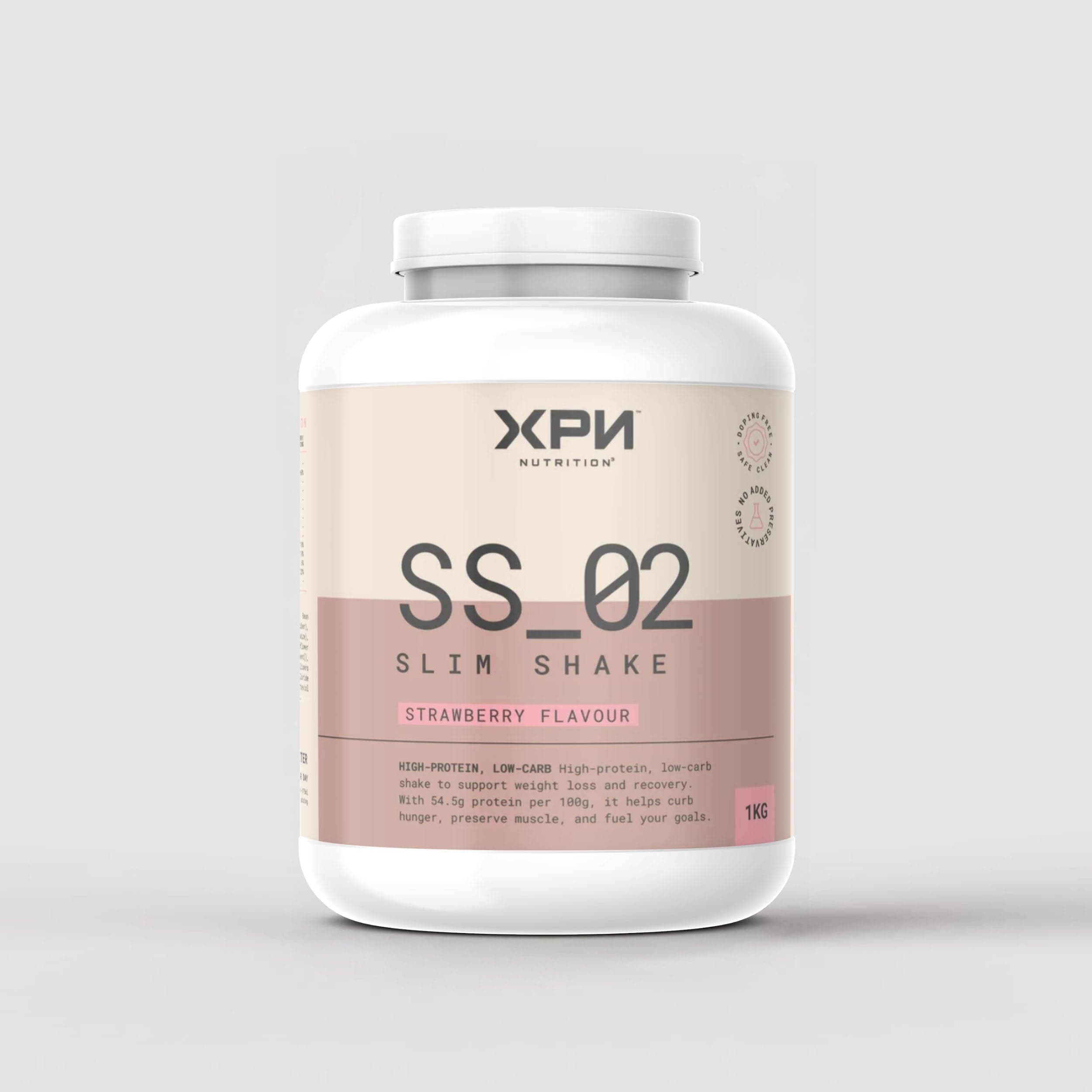 XPN Nutrition Slim Shake weight management supplement in strawberry flavor, featuring a sleek container with a scoop of strawberry-flavored powder.