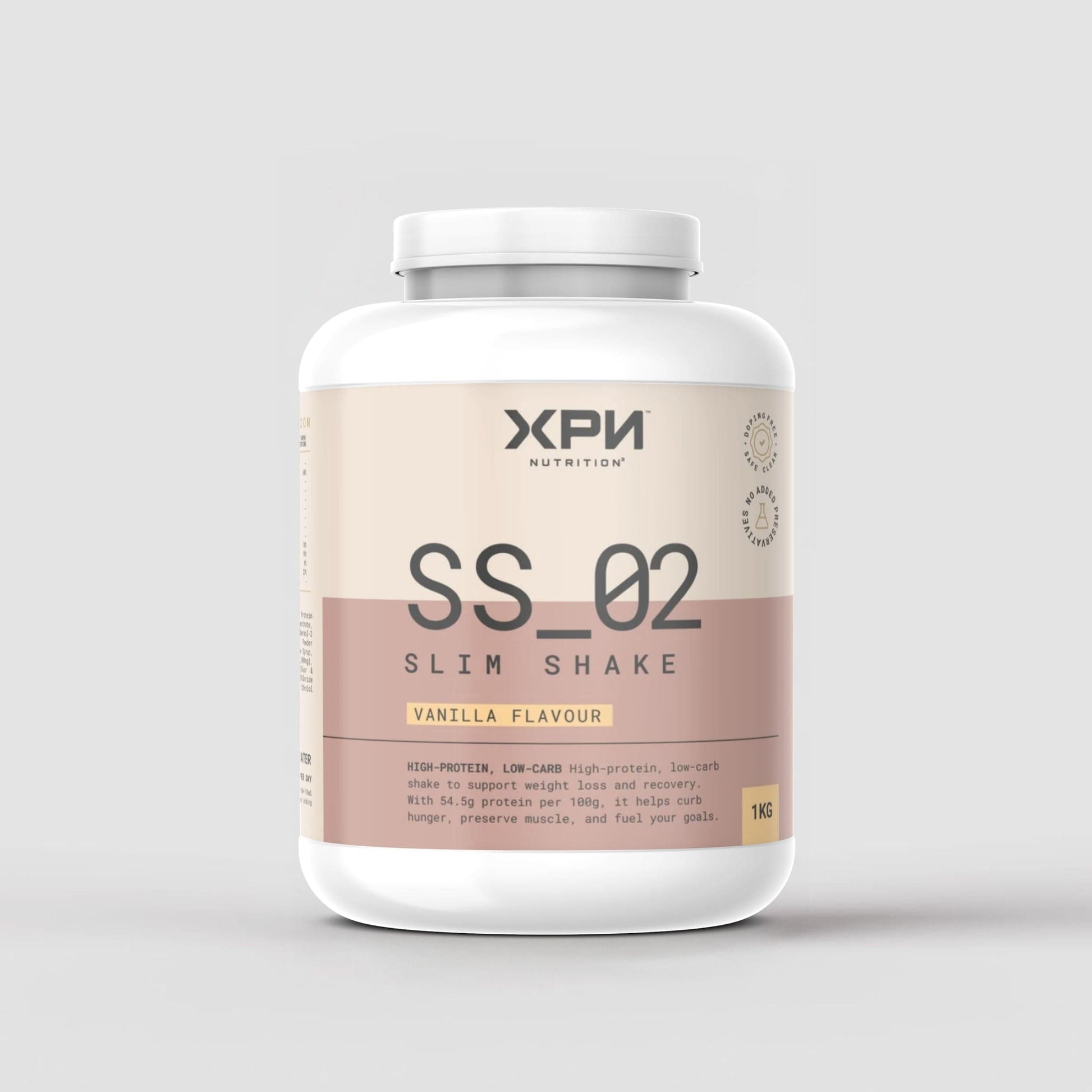 XPN Nutrition SS_02 Slim Shake weight management vanilla flavor in a sleek bottle, designed for healthy meal replacement or snacking.