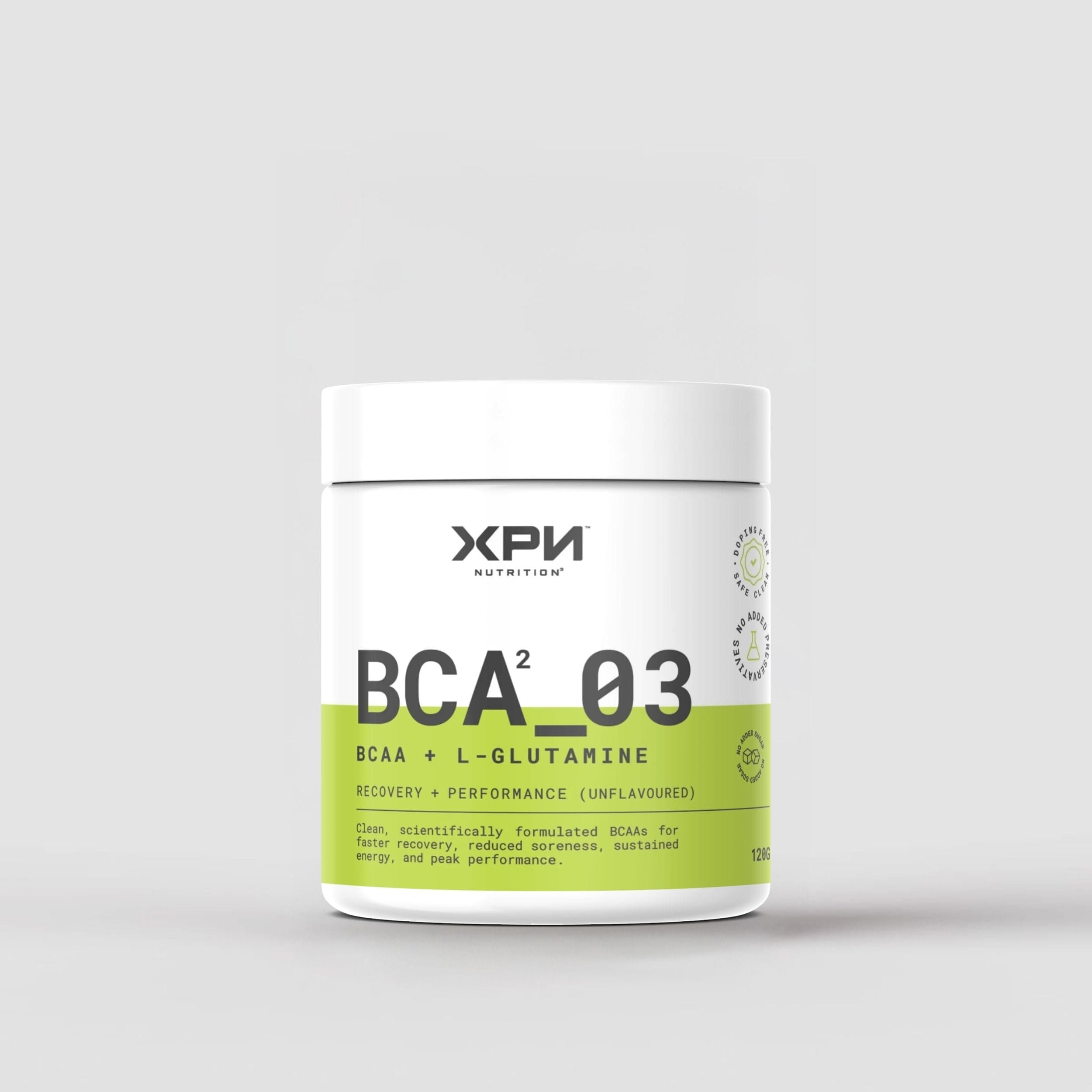 XPN Nutrition BCA_03 BCAA and L-Glutamine powder in a 120g container, used for daily health and muscle recovery.
