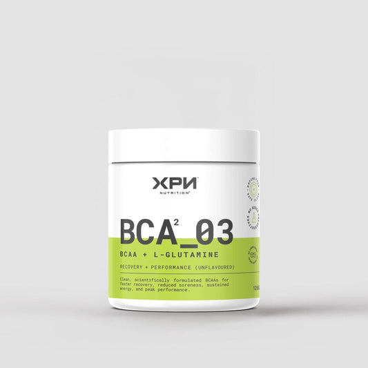 XPN Nutrition BCA_03 BCAA and L-Glutamine powder in a 120g container, used for daily health and muscle recovery.