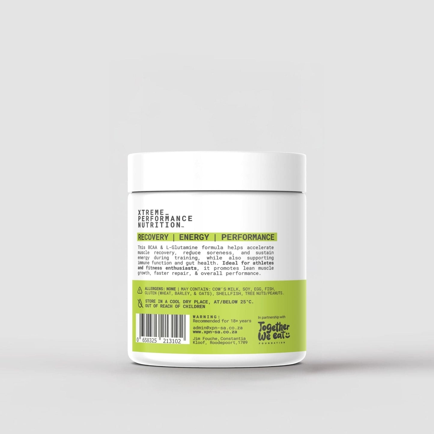 XPN Nutrition BCA_03 BCAA and L-Glutamine supplement jar, showing label with product name and nutrition information.