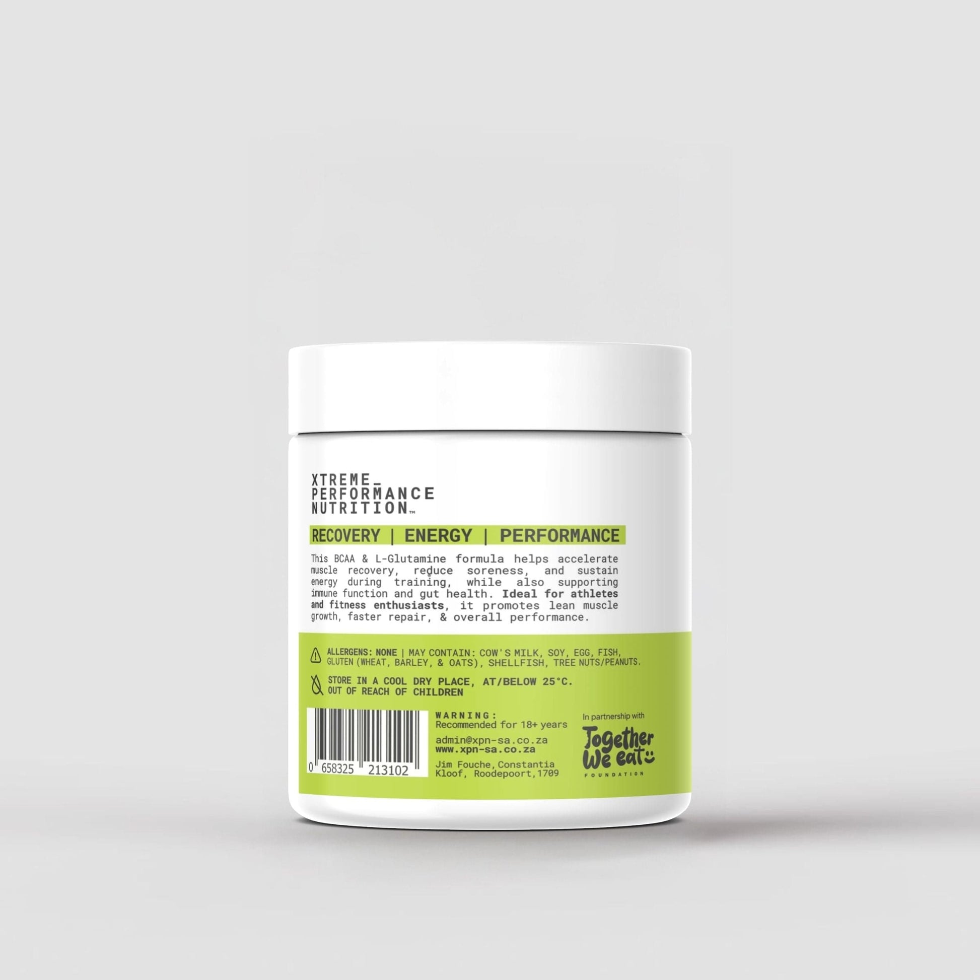 XPN Nutrition BCA_03 BCAA and L-Glutamine supplement jar, showing label with product name and nutrition information.