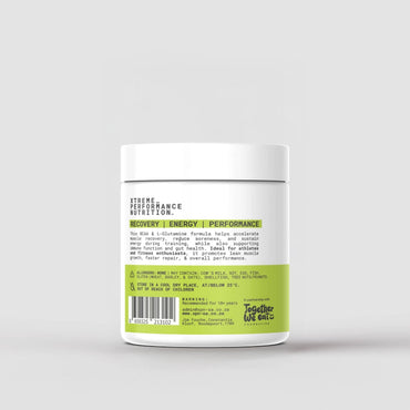 XPN Nutrition BCA_03 BCAA and L-Glutamine supplement jar, showing label with product name and nutrition information.