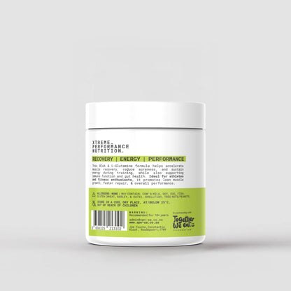 XPN Nutrition BCA_03 BCAA and L-Glutamine supplement jar, showing label with product name and nutrition information.