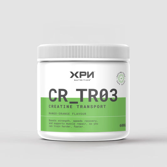 XPN Nutrition Creatine Transport powder container, 600g for performance and recovery supplement, with scoop and label visible.
