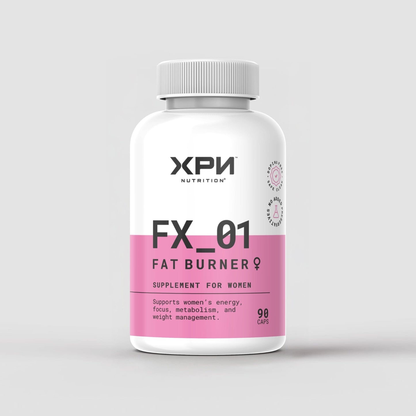 XPN Nutrition FX_01 Fat Burner female supplement bottles, 90 capsules for weight management and fat loss.