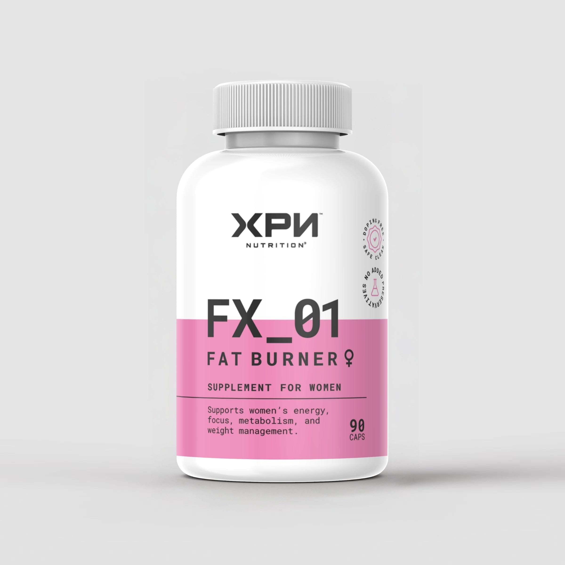 XPN Nutrition FX_01 Fat Burner female supplement bottles, 90 capsules for weight management and fat loss.