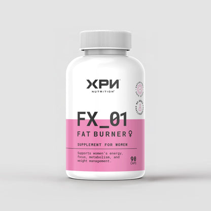 XPN Nutrition FX_01 Fat Burner female supplement bottles, 90 capsules for weight management and fat loss.
