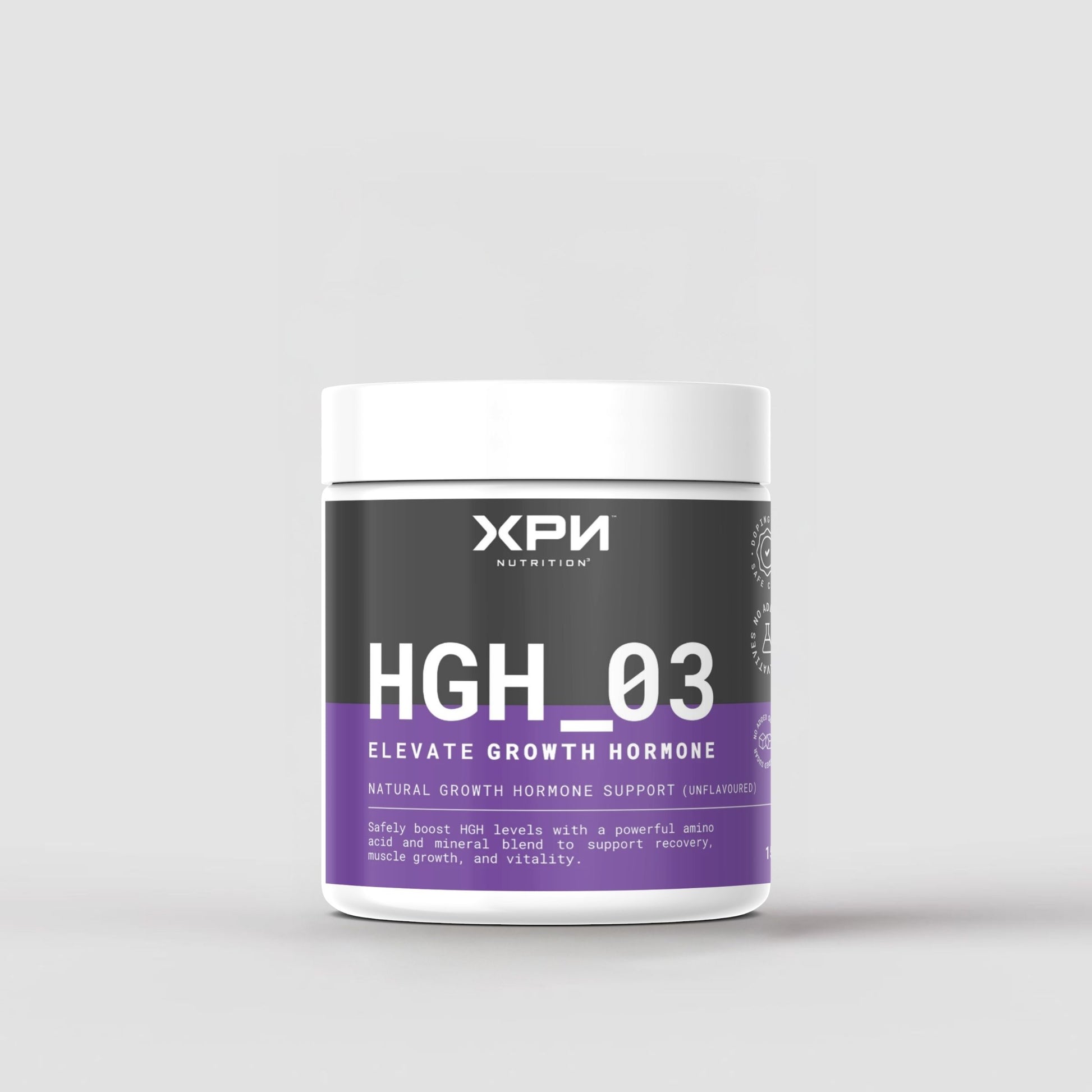 XPN Nutrition HGH_03 Elevate Growth Hormone powder for performance and recovery, shown in a 150g container.