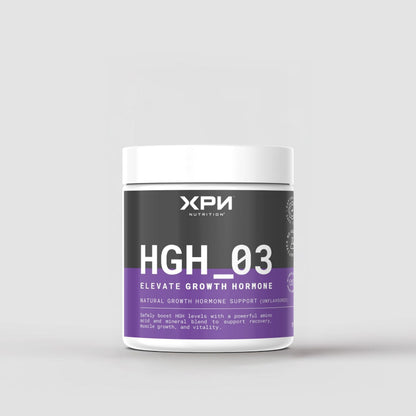 XPN Nutrition HGH_03 Elevate Growth Hormone powder for performance and recovery, shown in a 150g container.