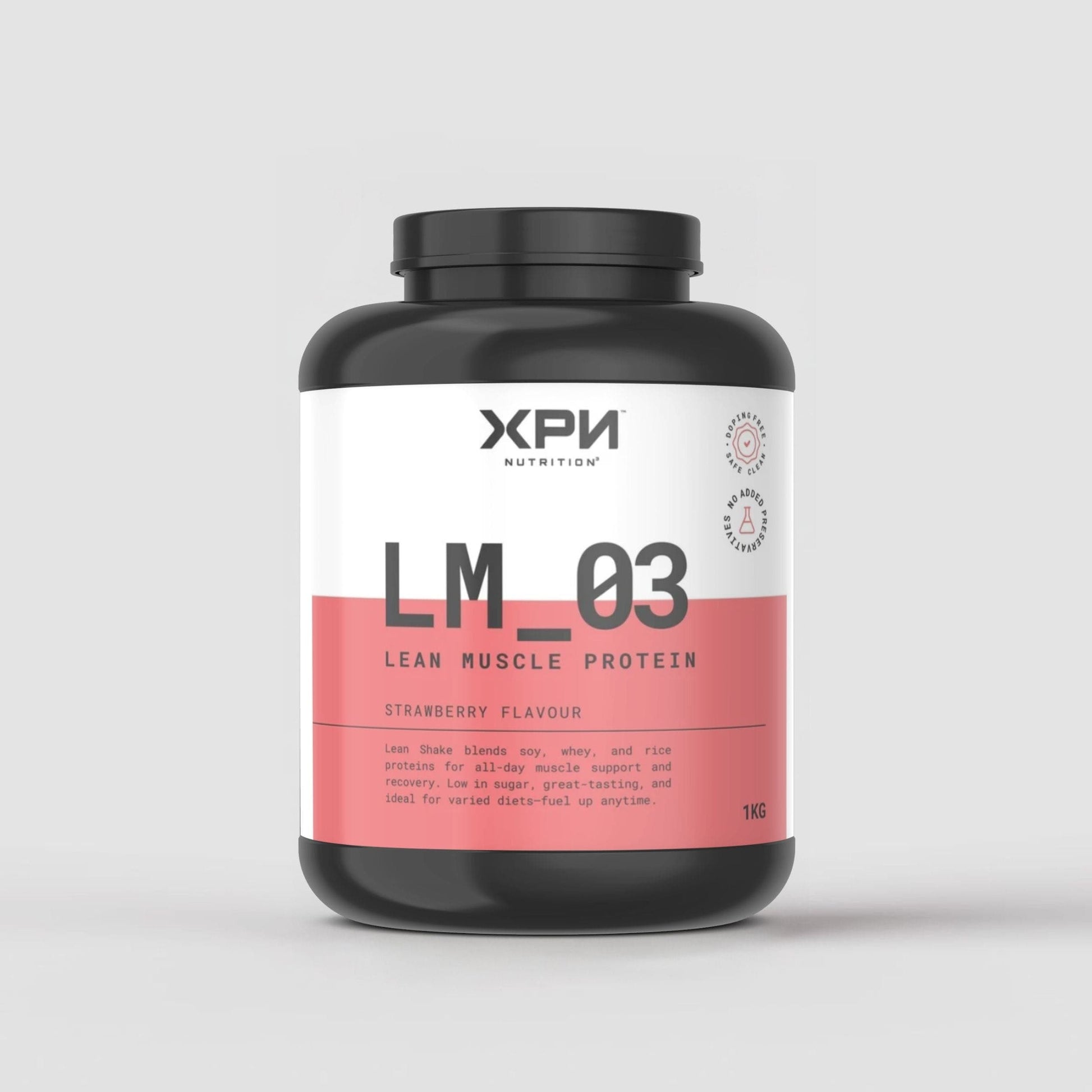 XPN Nutrition Lean Muscle Protein Shake in strawberry flavor, featuring a sleek bottle with nutritional information displayed.