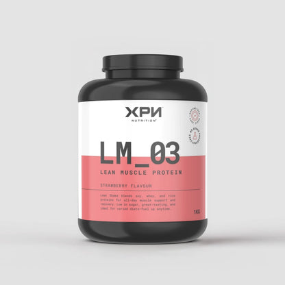 XPN Nutrition Lean Muscle Protein Shake in strawberry flavor, featuring a sleek bottle with nutritional information displayed.