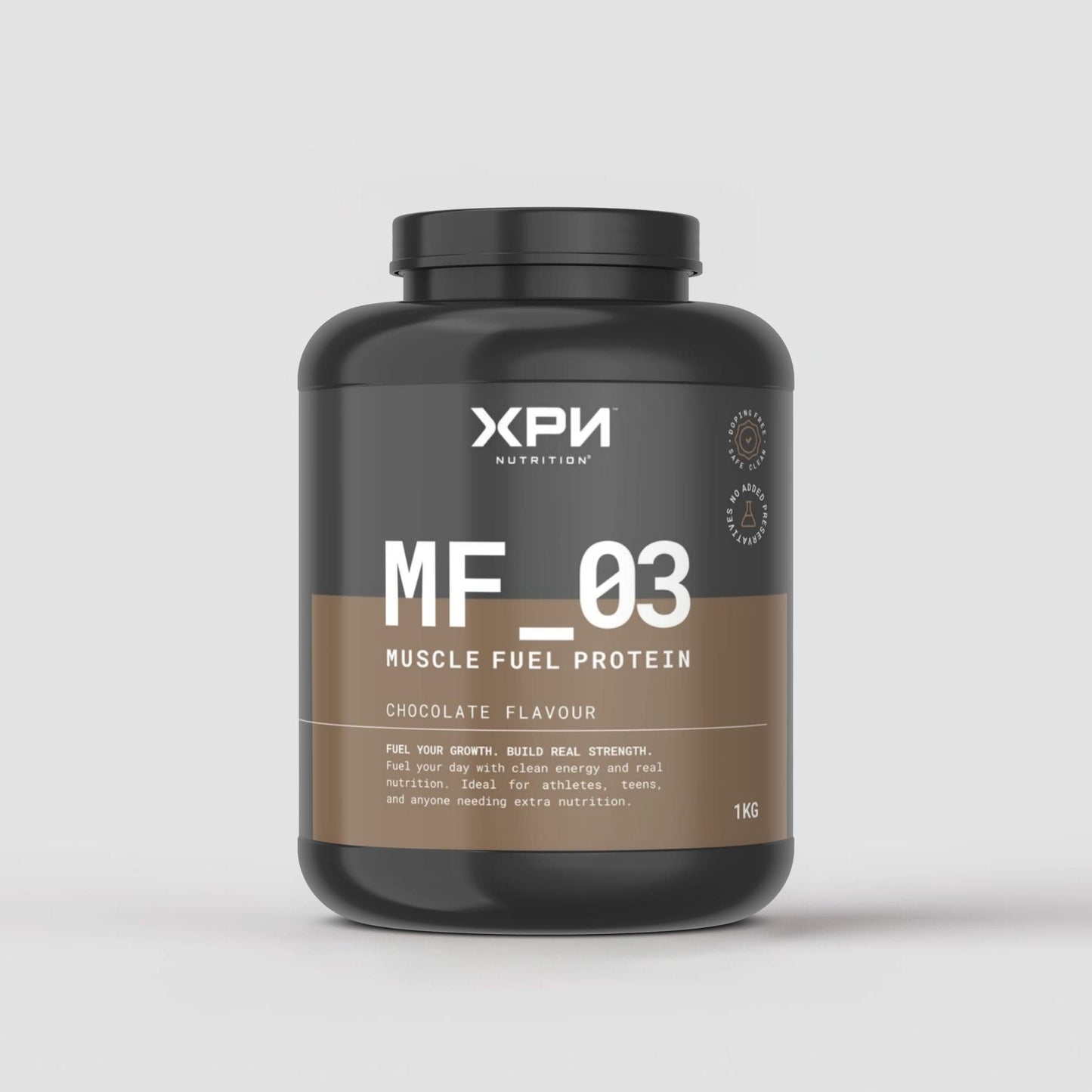 XPN Nutrition Muscle Fuel Protein in chocolate flavor, a performance and recovery supplement with a scoop of protein powder.