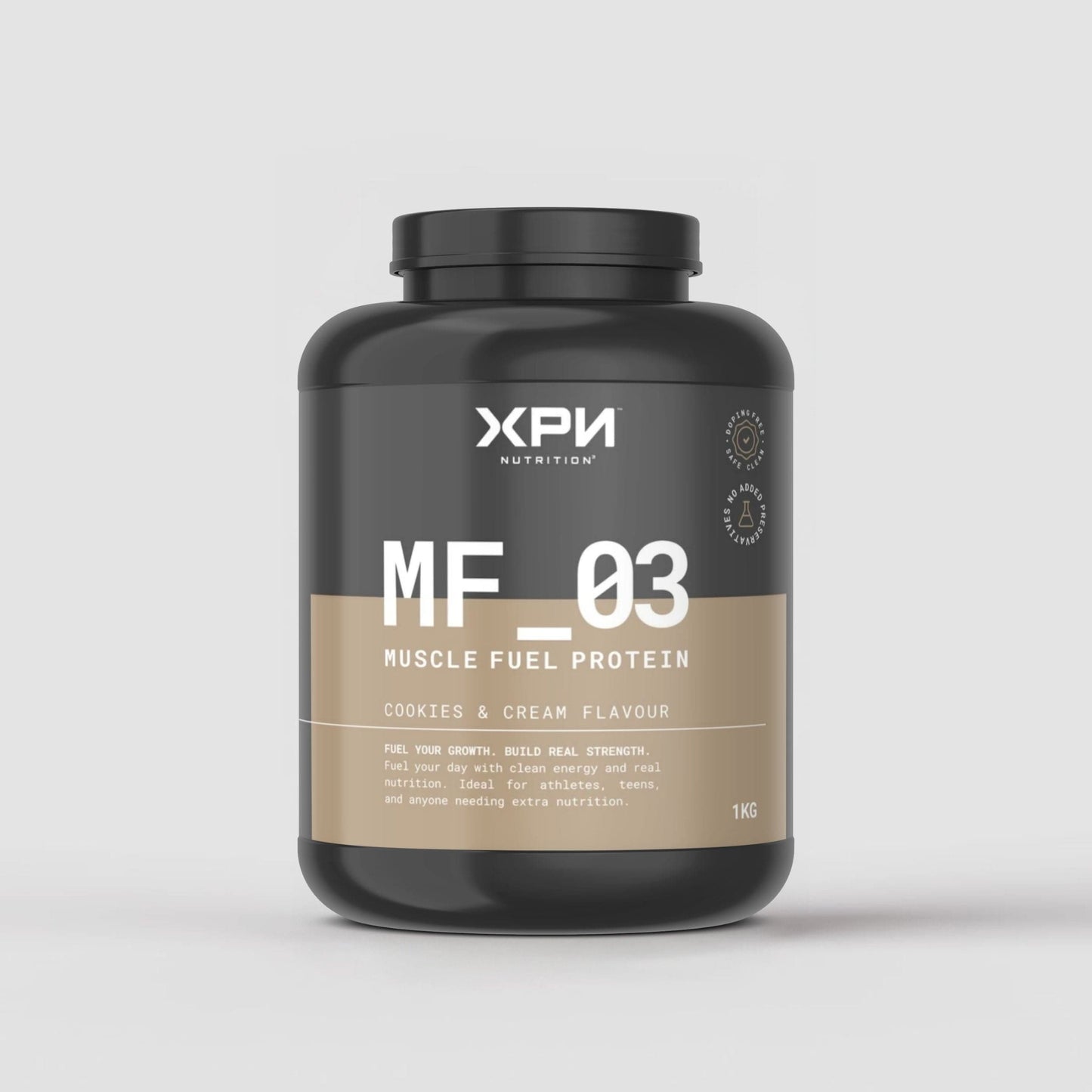 XPN Nutrition Muscle Fuel Protein in Cookies and Cream flavor, featuring a scoop of powder and a glass of prepared protein shake.