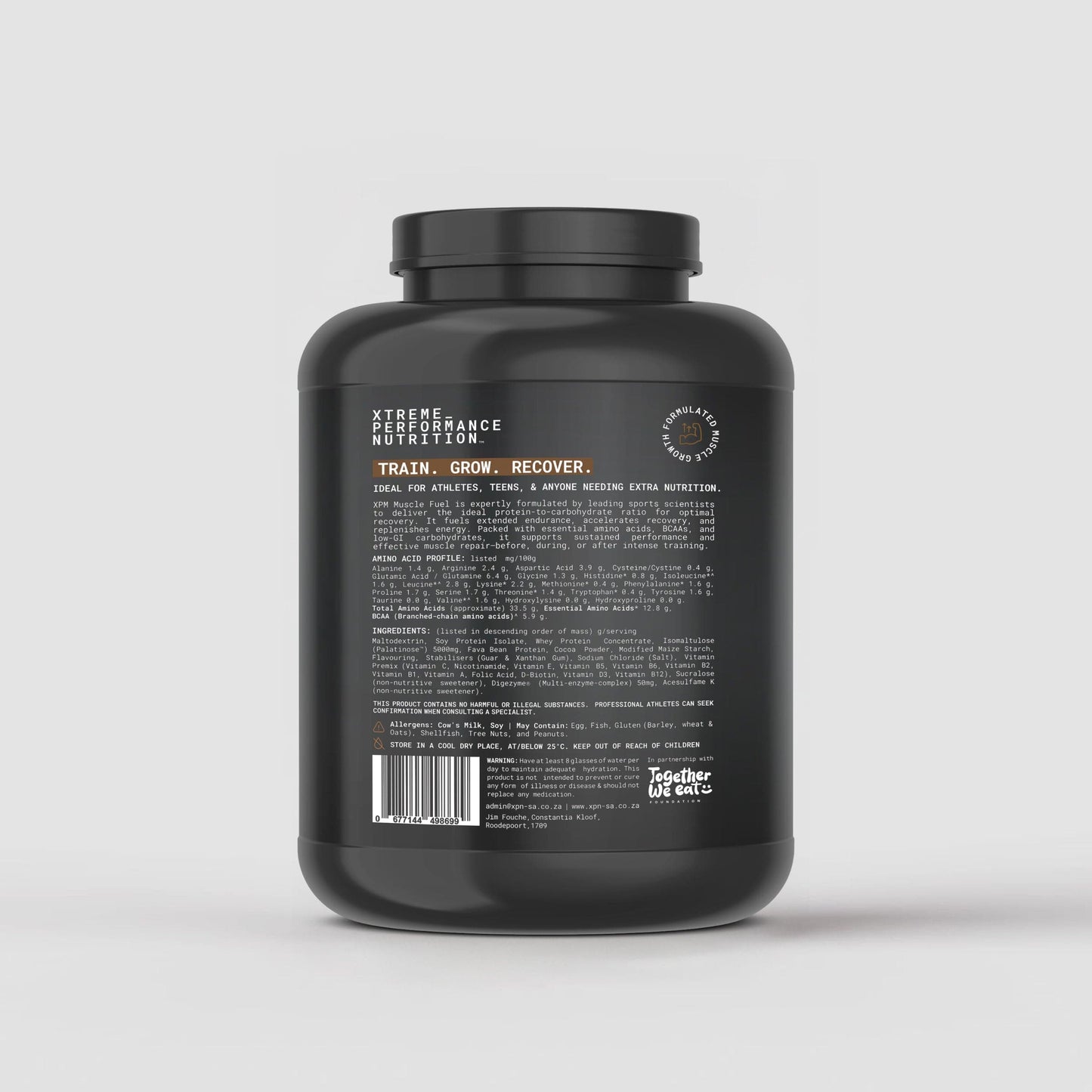 XPN Nutrition Muscle Fuel Protein powder container, designed for performance and recovery, with label details visible.