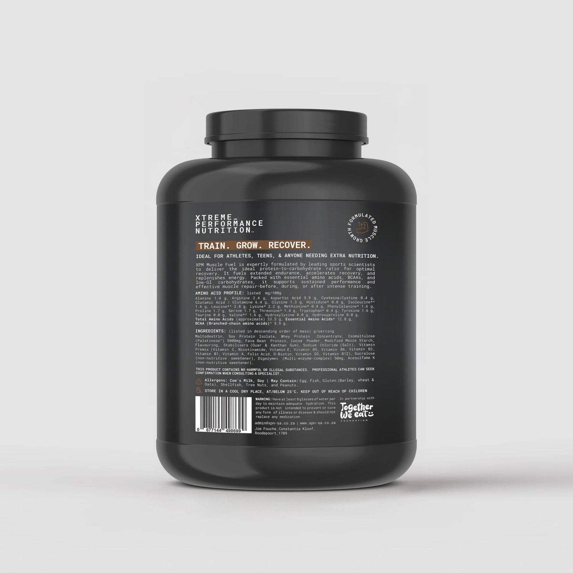 XPN Nutrition Muscle Fuel Protein powder container, designed for performance and recovery, with label details visible.