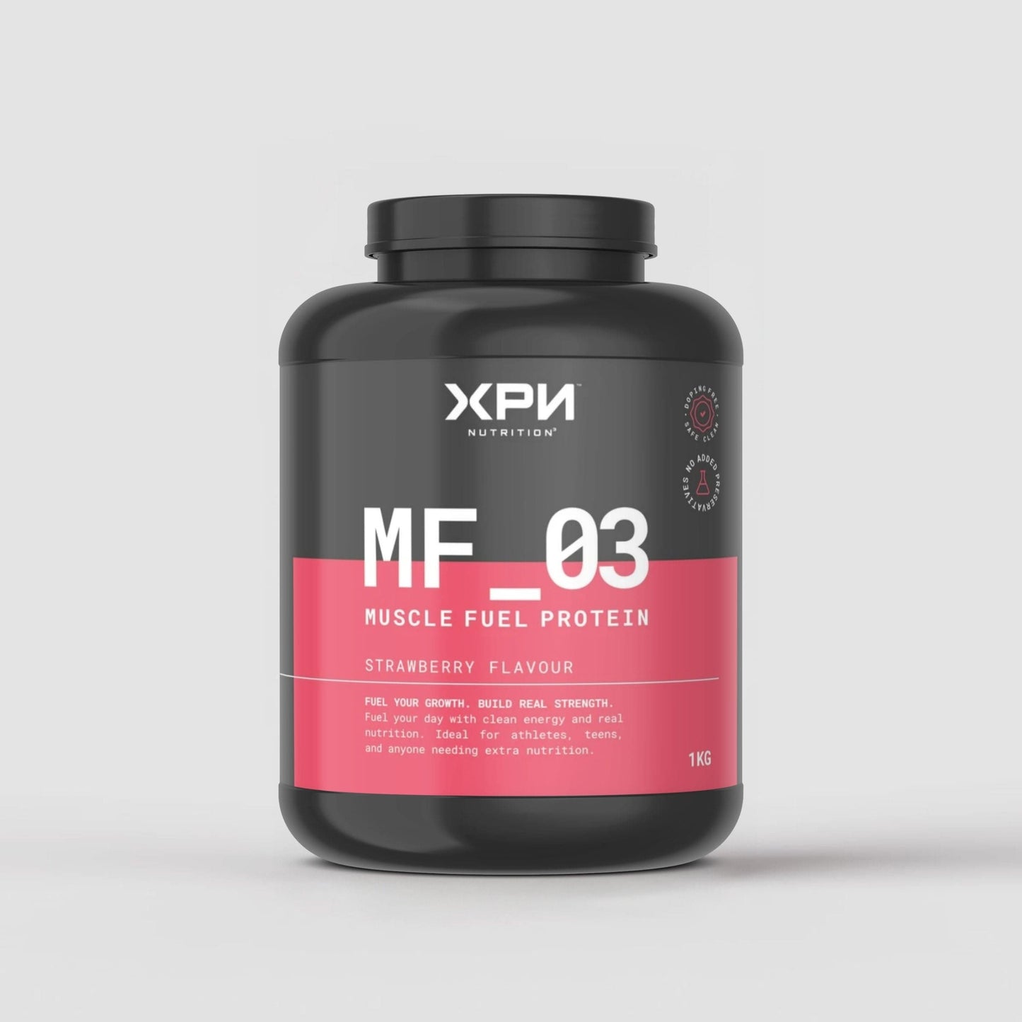 XPN Nutrition Muscle Fuel Protein in strawberry flavor, performance and recovery supplement with a scoop of muscle fuel powder.