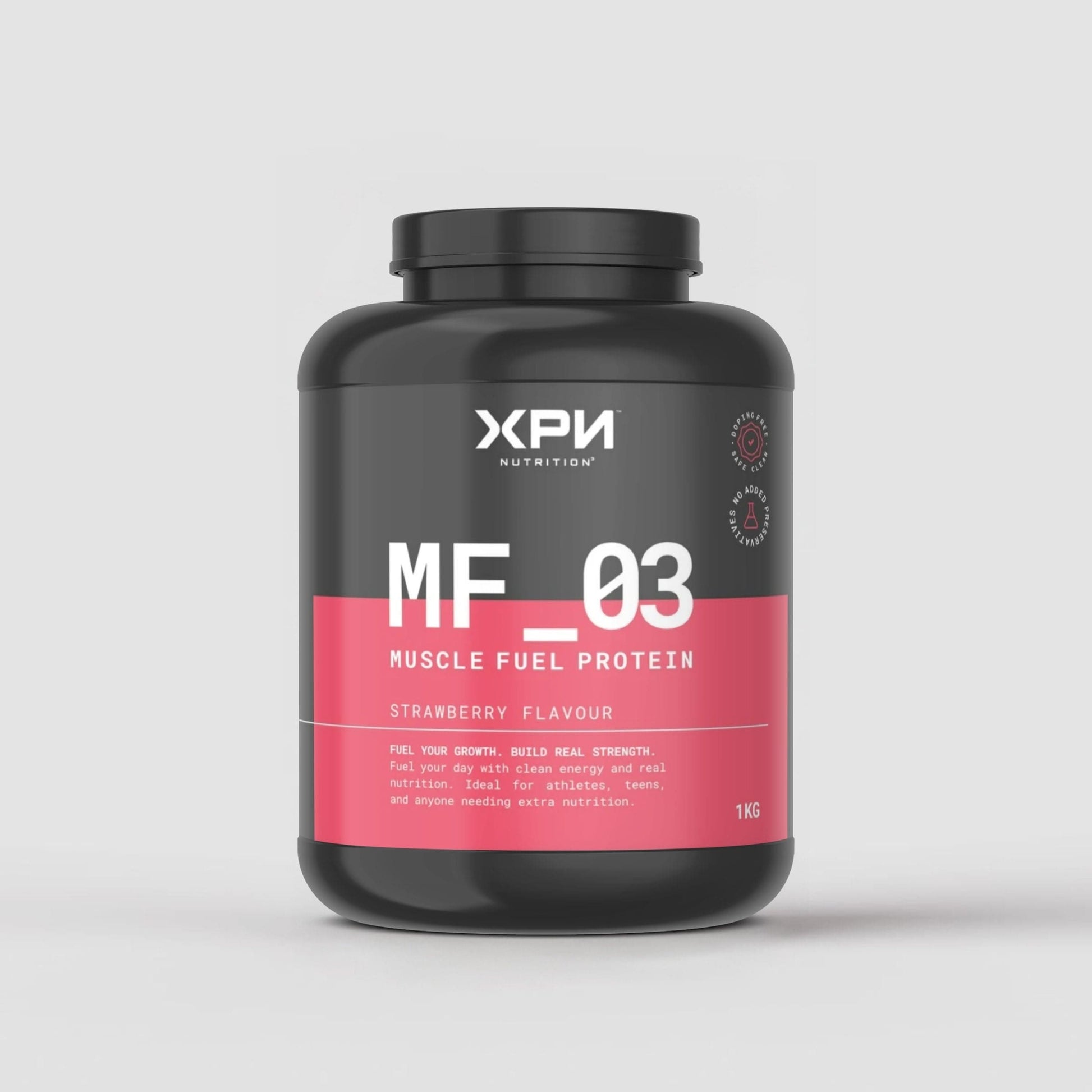 XPN Nutrition Muscle Fuel Protein in strawberry flavor, performance and recovery supplement with a scoop of muscle fuel powder.