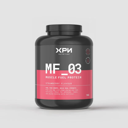 XPN Nutrition Muscle Fuel Protein in strawberry flavor, performance and recovery supplement with a scoop of muscle fuel powder.