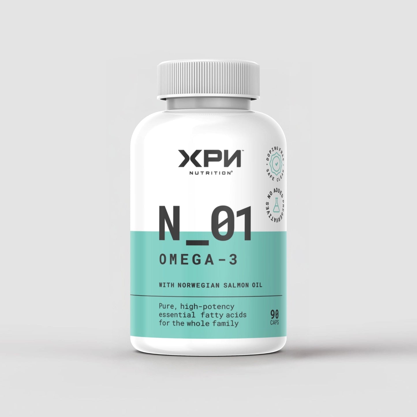 XPN Nutrition N_01 Omega 3 supplement bottle with 90 capsules for daily health and wellness, featuring a white and blue label.