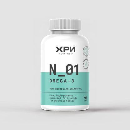 XPN Nutrition N_01 Omega 3 supplement bottle with 90 capsules for daily health and wellness, featuring a white and blue label.