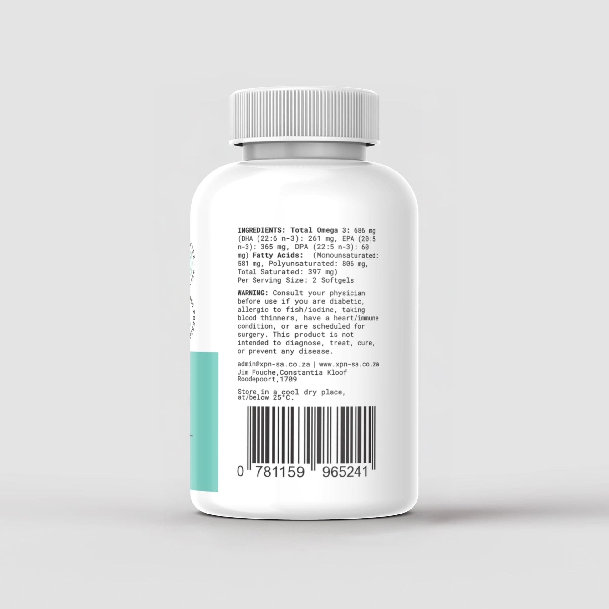 XPN Nutrition N_01 Omega 3 supplement bottle with 90 capsules, daily health and wellness omega-3 fish oil capsules.