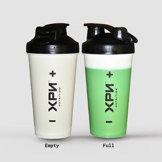 Black XPN Nutrition Charge Shaker bottle with screw-on lid and mixing ball, ideal for protein shakes and beverages.
